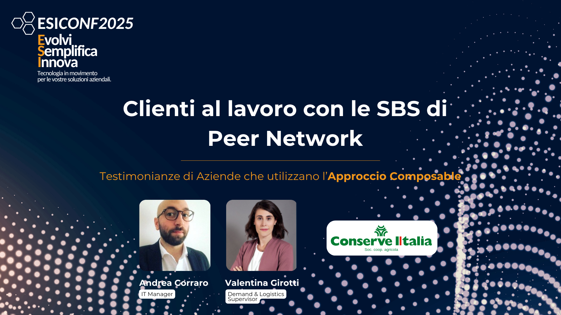 Intervento CCCI conserve italia ESICONF2025 Il sovraccarico di APP un problema le applicazioni composable una Soluzione per evitare Frammentazione e Inefficienza (titolo con forme geometriche per dare l'idea di componibilità)